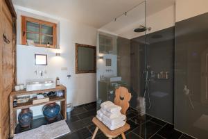 a bathroom with a shower with a chair and a glass shower stall at Chalet Sophie in Longostagno