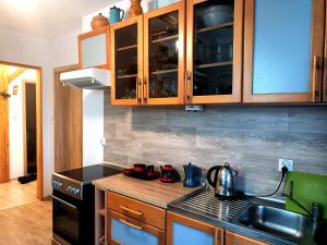 a kitchen with wooden cabinets and a stove top oven at Kalinówka - apartament w domu nad Narwią in Wizna