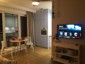salon z telewizorem i stołem z kuchnią w obiekcie Apartament Marine Holiday Elbląg - winda -Parking w HALI GARAŻOWEJ -GRATIS -Business stays w Elblągu