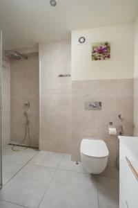 La salle de bains est pourvue d'une douche et de toilettes blanches. dans l'établissement Apartament Albatros 75m z ogródkiem, à Varsovie
