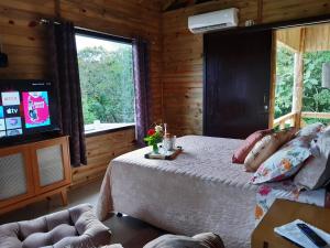 a bedroom with a bed and a television in a cabin at Tiny House Canjerana- Morro do Eurico - Praia Grande-SC in Praia Grande