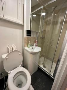 een badkamer met een toilet, een douche en een wastafel bij Single Room 9 in Londen