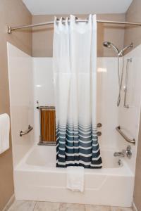 a bathroom with a shower with a blue and white shower curtain at Carpenter Street Hotel in Springfield