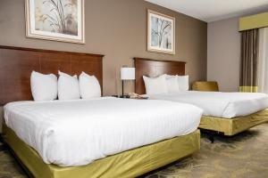 two beds in a hotel room with white pillows at Carpenter Street Hotel in Springfield