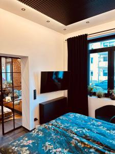um quarto com uma cama e uma televisão de ecrã plano em holidayAHRpartment em Bad Neuenahr-Ahrweiler