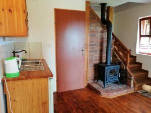 una cocina con estufa de leña en una habitación en Country House Na Malenom brijegu, en Bjelovar
