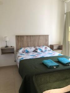 um quarto com uma cama com duas almofadas em Vista Andes VII em Luján de Cuyo