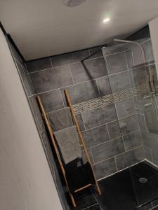 La salle de bains est pourvue d'une douche en verre avec une chaise. dans l'établissement Charmant logement avec Spa, Sauna et terrasse, à Bergues