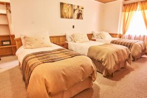 a hotel room with two beds and a window at Hotel y Cabañas Borde Andino in Las Trancas