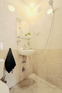 a bathroom with a sink and a shower with a mirror at Cozy 2-Bedroom Flat in the very Center of Sofia in Sofia