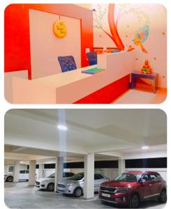 two pictures of a room with cars parked in it at HOTEL VINTAGE CASTLE in Coimbatore