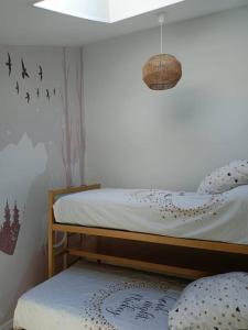 sypialnia z 2 łóżkami piętrowymi z ptakami na ścianie w obiekcie Nice family house w mieście Hendaye