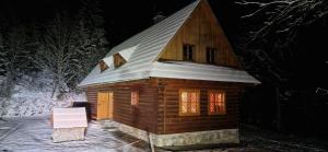 a small log cabin with a tin roof at Chata Bobrovecká vápenica in Bobrovec