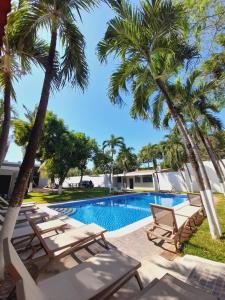 uma piscina com espreguiçadeiras e palmeiras em Mi Tierra Hotel y Restaurante em San Luis