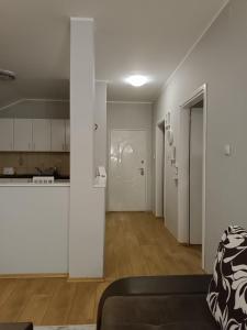 a kitchen and a living room with white walls at Apartman Mima in Borča