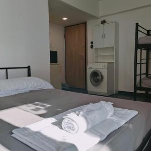 a bedroom with a bed and a washing machine at Seaside apartment in Agioi Theodoroi