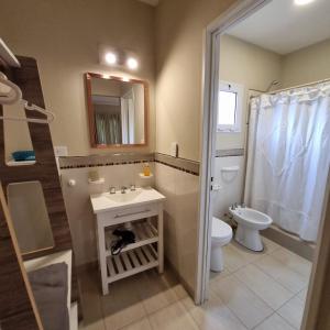 a bathroom with a sink and a toilet and a mirror at Casas Noviembre in Plottier