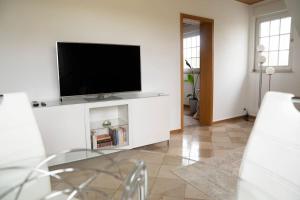 a living room with a flat screen tv on a white cabinet at Idyllische Wohnung mit Weitblick in Neukirchen-Vluyn