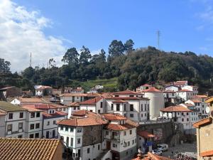 a group of buildings in a town with a mountain at La Austera in Cudillero