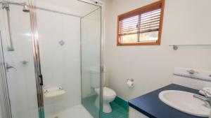 a bathroom with a shower and a toilet and a sink at Picnic Cottage, Lovely Home Near The Beach in Picnic Bay +5 photos