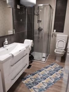 een badkamer met een douche, een wastafel en een toilet bij Apartments by the sea Stara Novalja, Pag - 234 in Stara Novalja