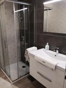 een badkamer met een douche, een wastafel en een douche bij Apartments by the sea Stara Novalja, Pag - 234 in Stara Novalja