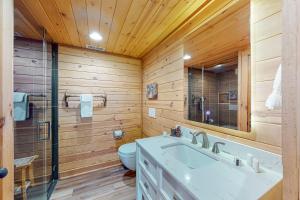 baño con paredes de madera, aseo y lavamanos en Rocksway Cabin, en Banner Elk