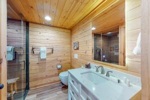 a bathroom with wooden walls and a toilet and a sink at Rocksway Cabin in Banner Elk
