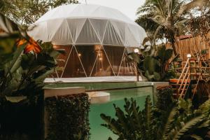 Balamban的住宿－Treehouse de Valentine，花园游泳池上的遮阳伞