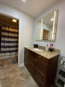 a bathroom with a sink and a mirror at Artistic luxury home downtown/train to NYC/AirPort in Newark