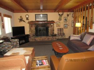 ein Wohnzimmer mit einem Sofa und einem Kamin in der Unterkunft Miller's Outpost in Big Bear Lake