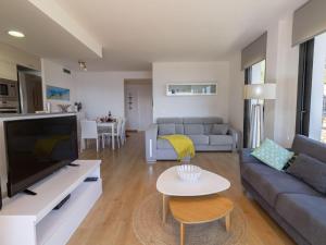 ein Wohnzimmer mit Sofa und Fernseher in der Unterkunft Apartamento de lujo frente al mar en Playa de la Tonyines, 3 habitaciones, terraza, garaje y más - ES-228-127 in Llança
