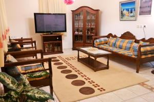 sala de estar con sofás y TV de pantalla plana. en Mina's Studios in Naxos Island, en Agios Prokopios