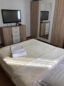 a bedroom with a large bed with two mirrors at Homestay JAISEL in Bishkek