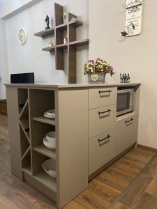 a kitchen with a counter with a microwave at m2 Tbilisi Central Park Apartment in Tbilisi City
