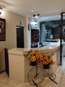 a kitchen with a counter with flowers on it at Hotel España in Guatemala