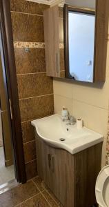 a bathroom with a sink and a mirror at D&R Sunshine Apartment in Nea Kydonia