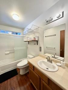 a bathroom with a sink and a toilet and a mirror at Kona Joe Coffee Farm in Kealakekua