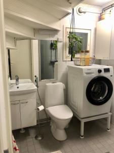 a bathroom with a toilet and a washing machine at Villa Juuris in Rovaniemi