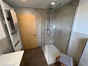 a bathroom with a shower with a glass door at Gästezimmer Kirchdorf in Unteropfingen