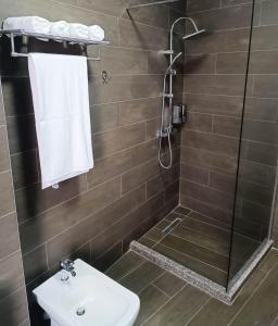 een badkamer met een douche, een toilet en een wastafel bij E&E Home Sweet Home in Tirana