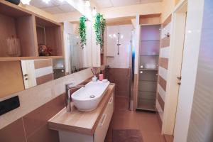 a bathroom with a sink and a shower at Central Living Vegova-with parking in Ljubljana