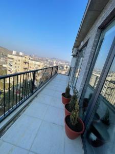 a balcony with three potted plants on a building at Villa Residence Apartment2 in Tbilisi City