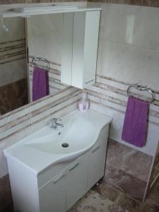 La salle de bains est pourvue d'un lavabo blanc et d'un miroir. dans l'établissement Vinska klet Seršen, à Dobrovnik