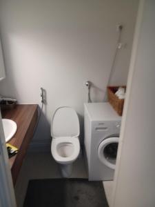ein Badezimmer mit einem WC und einer Waschmaschine in der Unterkunft Peltorinne 14 in Savonlinna