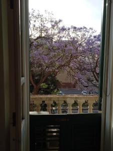 una finestra aperta con vista su un albero con fiori viola di Casa jacaranda a Cagliari