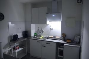 eine kleine Küche mit Spüle und Herd in der Unterkunft Stilvolle Wohnung in Wuppertal inkl. Kaffee & Tee in Wuppertal