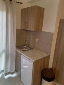 a small kitchen with a sink and a trash can at ROMANTZA apartments in Agia Marina Nea Kydonias