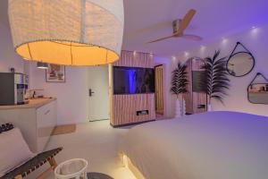 キュエールにあるLES BAINS D’EROSの大きなベッドとテレビのある寝室