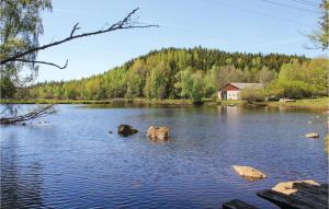 a lake with two animals in the water at Holiday home Klåvbensvägen Backaryd III in Backaryd